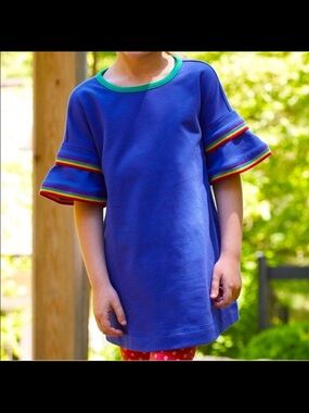 Matilda Jane Size 2  School Bell Dress Blue with Rainbow Stripe Ruffle Sleeve